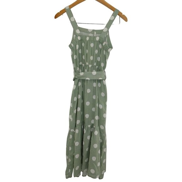 NWT Monteau Green Polka Dot Midi Linen Blend Belted Cottagecore Sz XS Dress - Picture 12 of 13